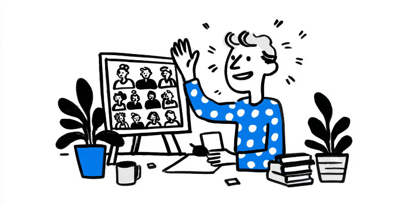 Independent consultant waving to remote client from minimalist standing desk setup